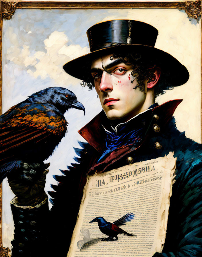 Stylized portrait of a man with top hat and crow, intense eyes, and newspaper bird illustration