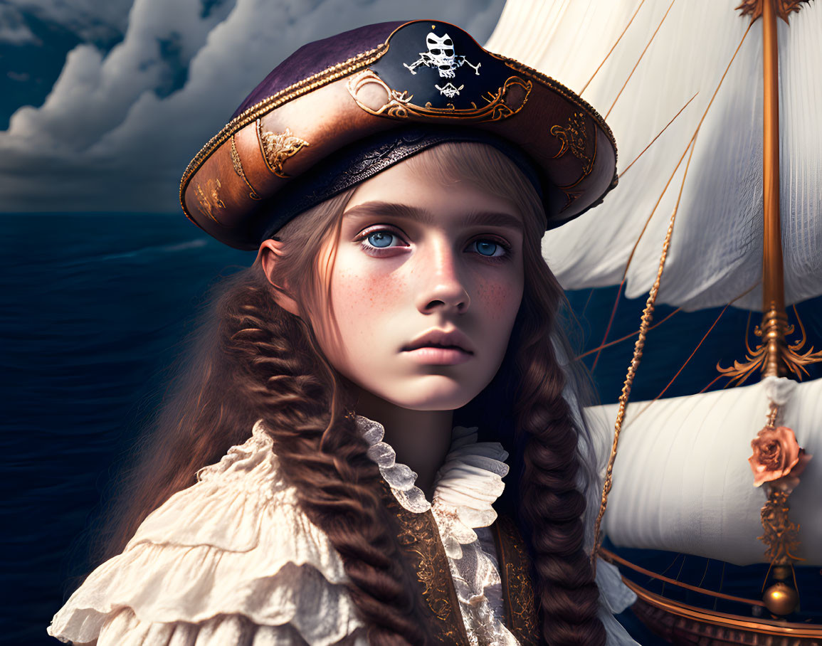 Digital artwork of a young girl in pirate hat with braided hair in ocean scene