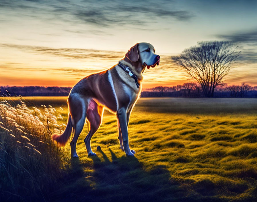 Dog in Field at Sunset with Vibrant Colors