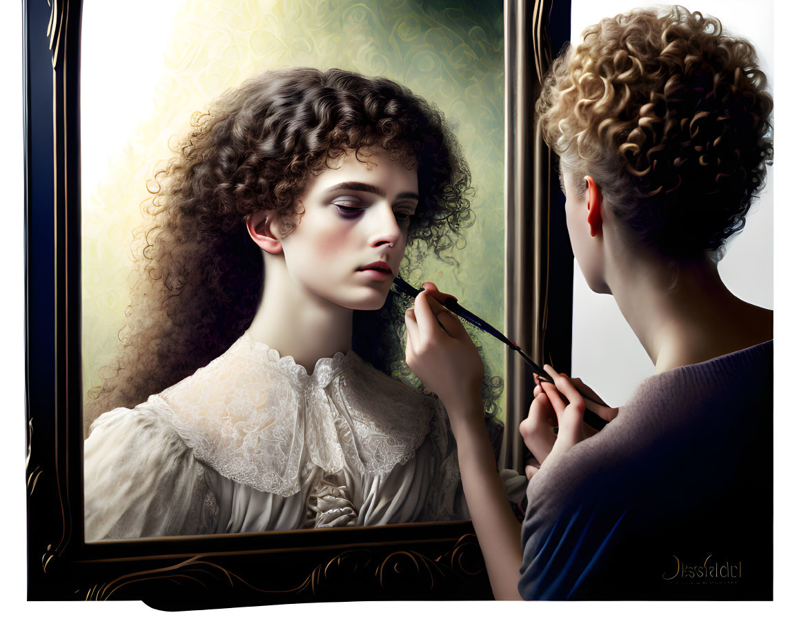 Curly-haired person applying makeup in mirror with lace collar dress