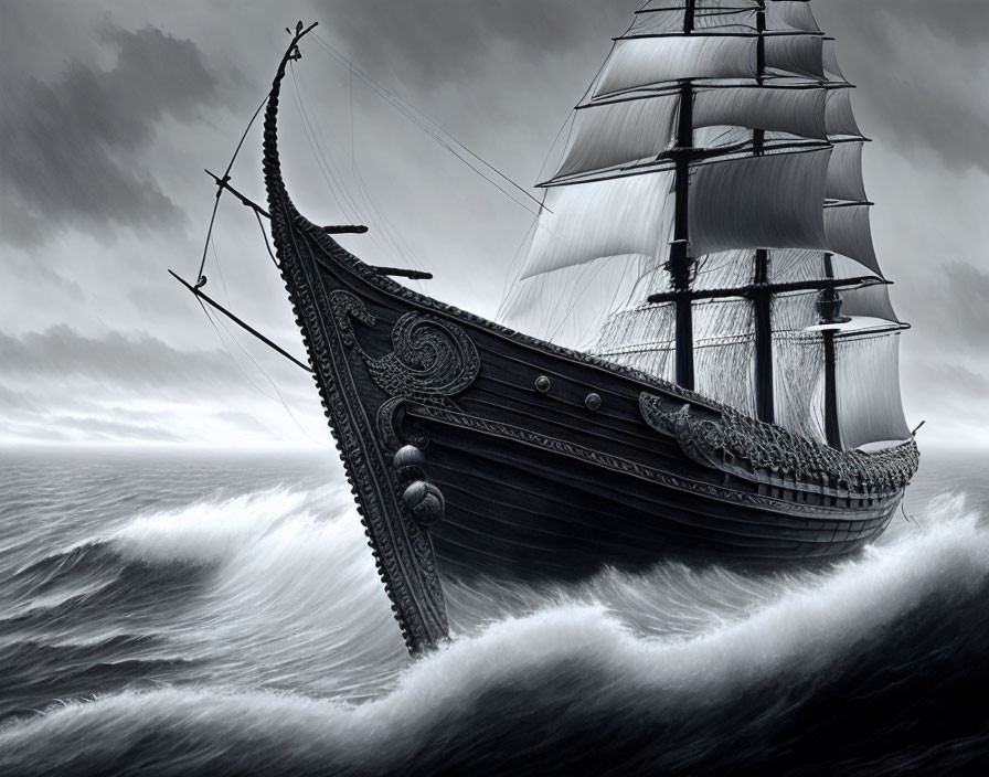 Monochromatic image: ornate sailboat in turbulent waves under stormy sky