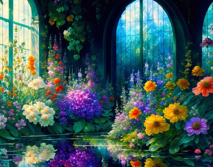 Colorful Flower Garden by Calm Pond and Gothic Arched Windows