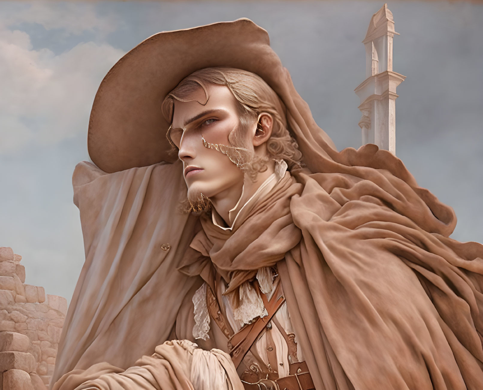 Detailed illustration of pensive person in wide-brimmed hat and cloak with tower.