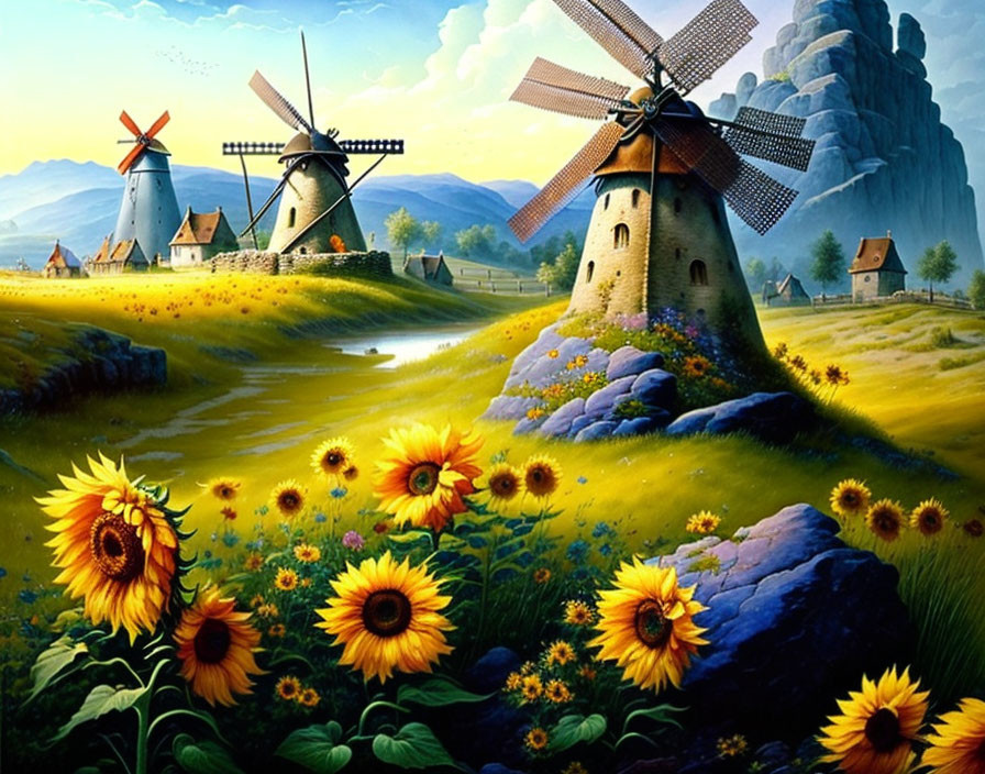 Scenic landscape: windmills, sunflowers, green hills, river, sunny sky