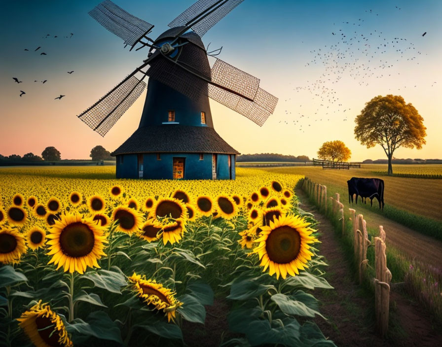 Tranquil sunset landscape with windmill, sunflowers, cow, and birds