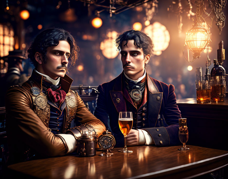 Victorian men in ornate outfits at bar with pocket watch and bottles