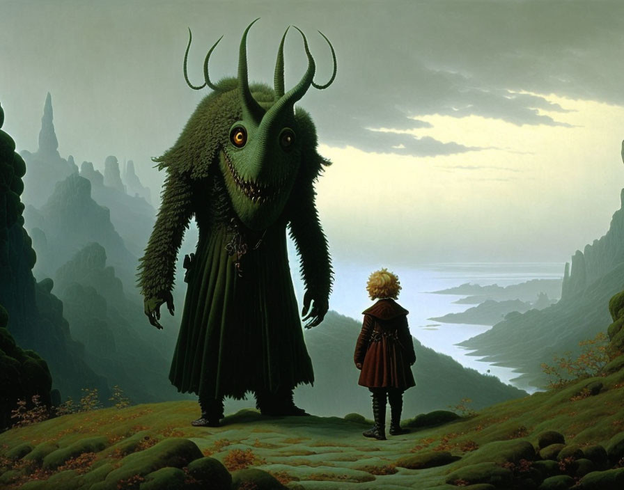 Child encounters horned creature in misty mountain scene
