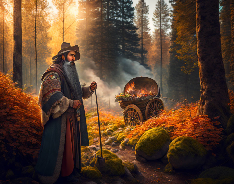 Bearded person by smoldering wagon in autumn forest