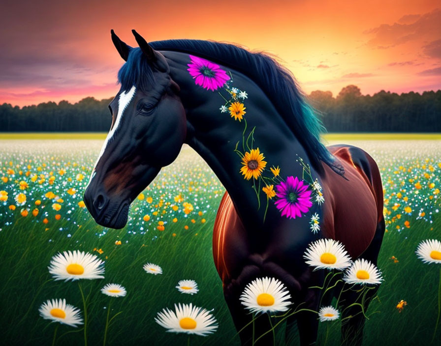 Black horse with flower-filled mane in daisy field at sunset