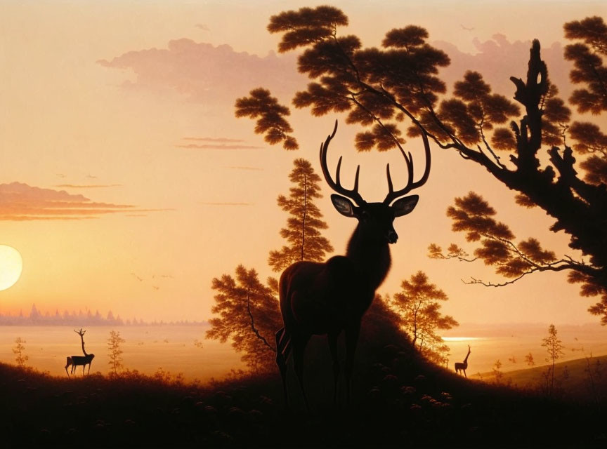 Silhouette of deer at sunrise with tree-line horizon