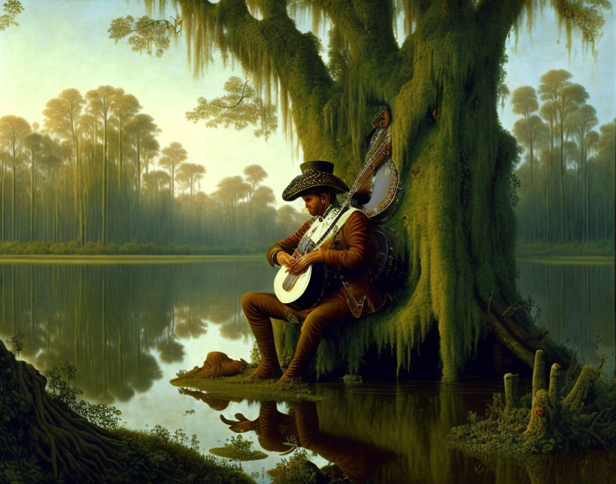 Man playing banjo on tree branch over tranquil swamp with alligator and greenery