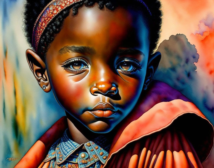 Colorful portrait of child in patterned attire against fiery backdrop