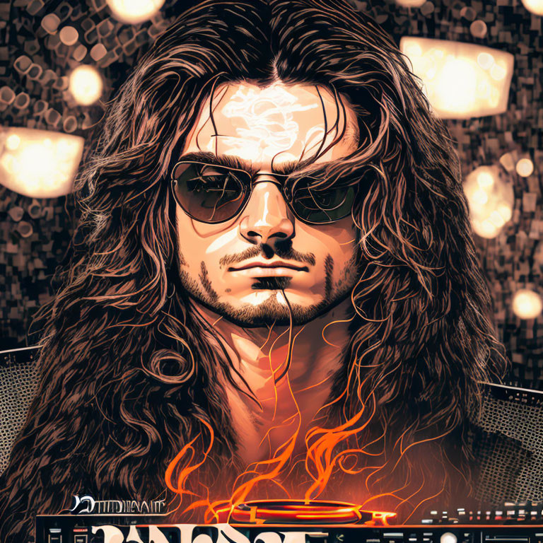 Man with Long Wavy Hair and Sunglasses in Fiery Design and Bokeh Background