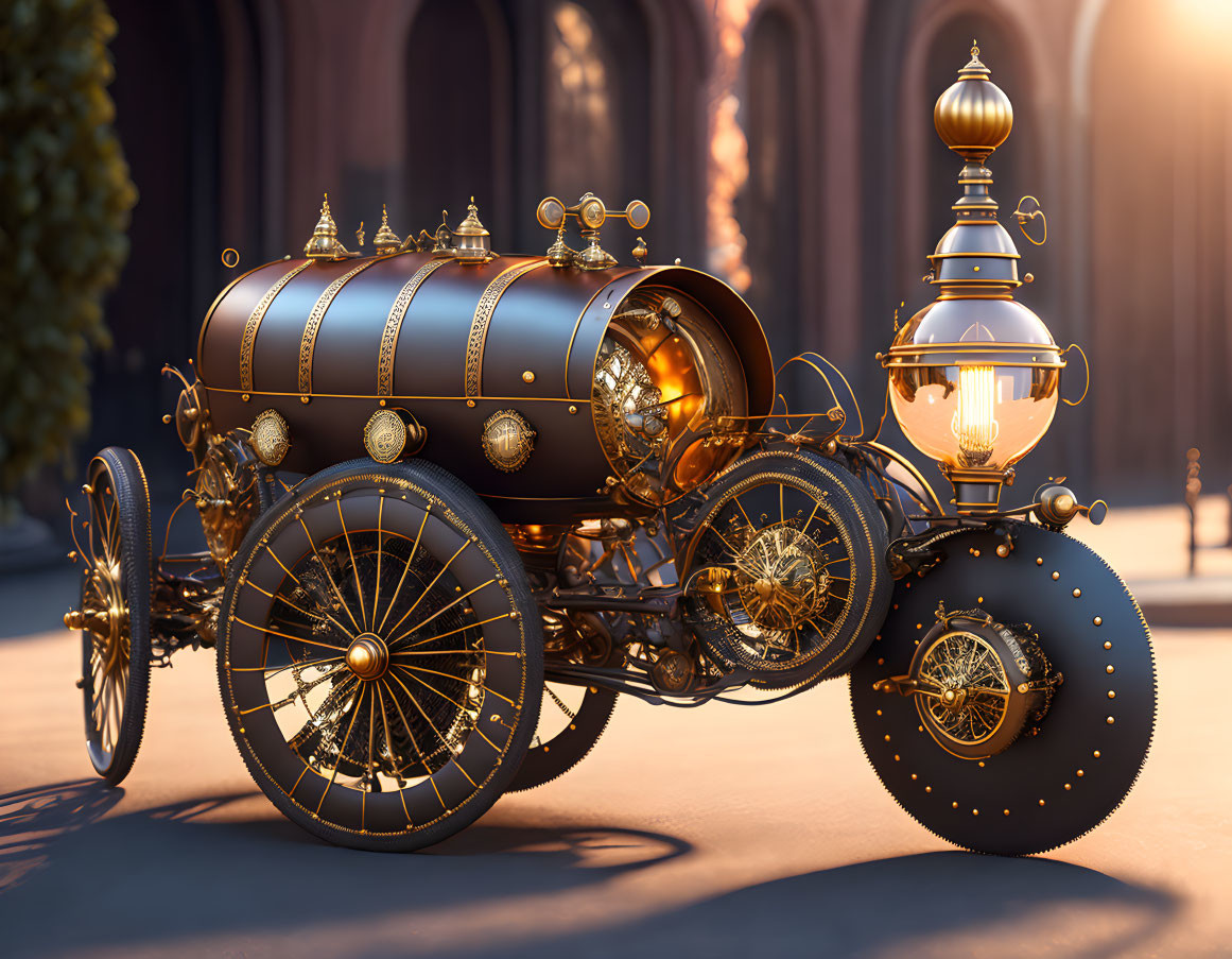 Steampunk-styled vehicle with gold details beside grandiose columns at sunset