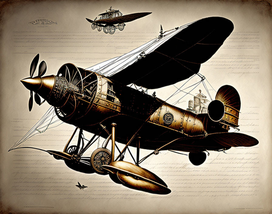 Vintage Aircraft Steampunk Artwork on Parchment Background