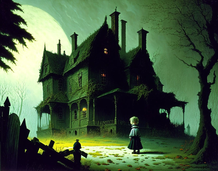 Child standing by spooky house under full moon at night