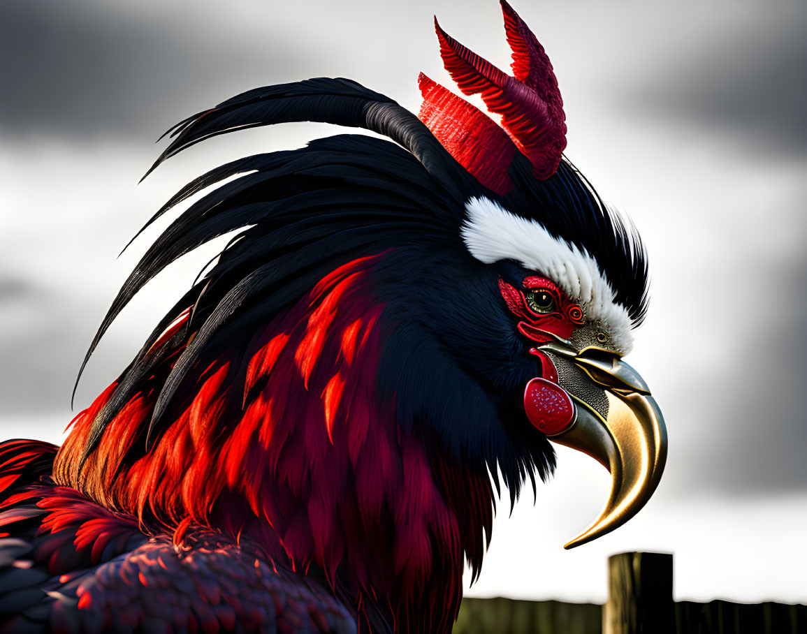 Fantastical bird with black and red feathers and ornate beak