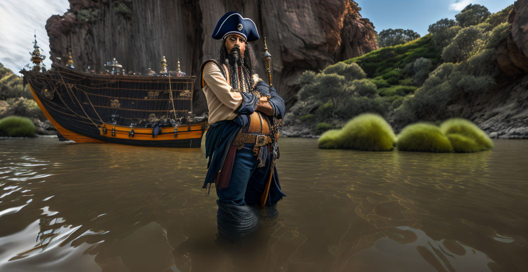 Pirate with sword in shallow water near ship and cliffs