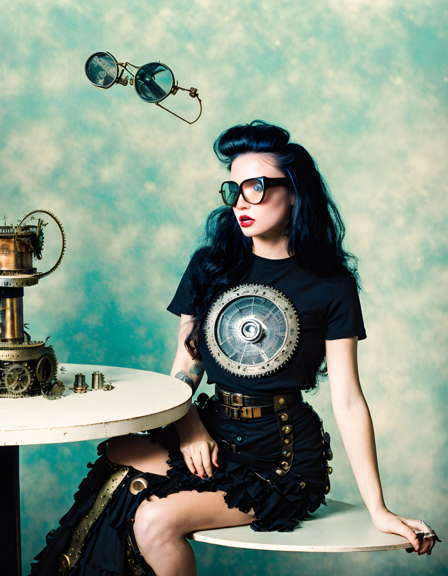 Steampunk-themed woman with goggles at mechanical table on textured backdrop.