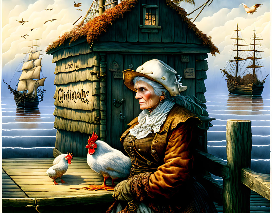 Elderly woman in historical attire on wooden pier with chickens, overlooking sea with ships and seag