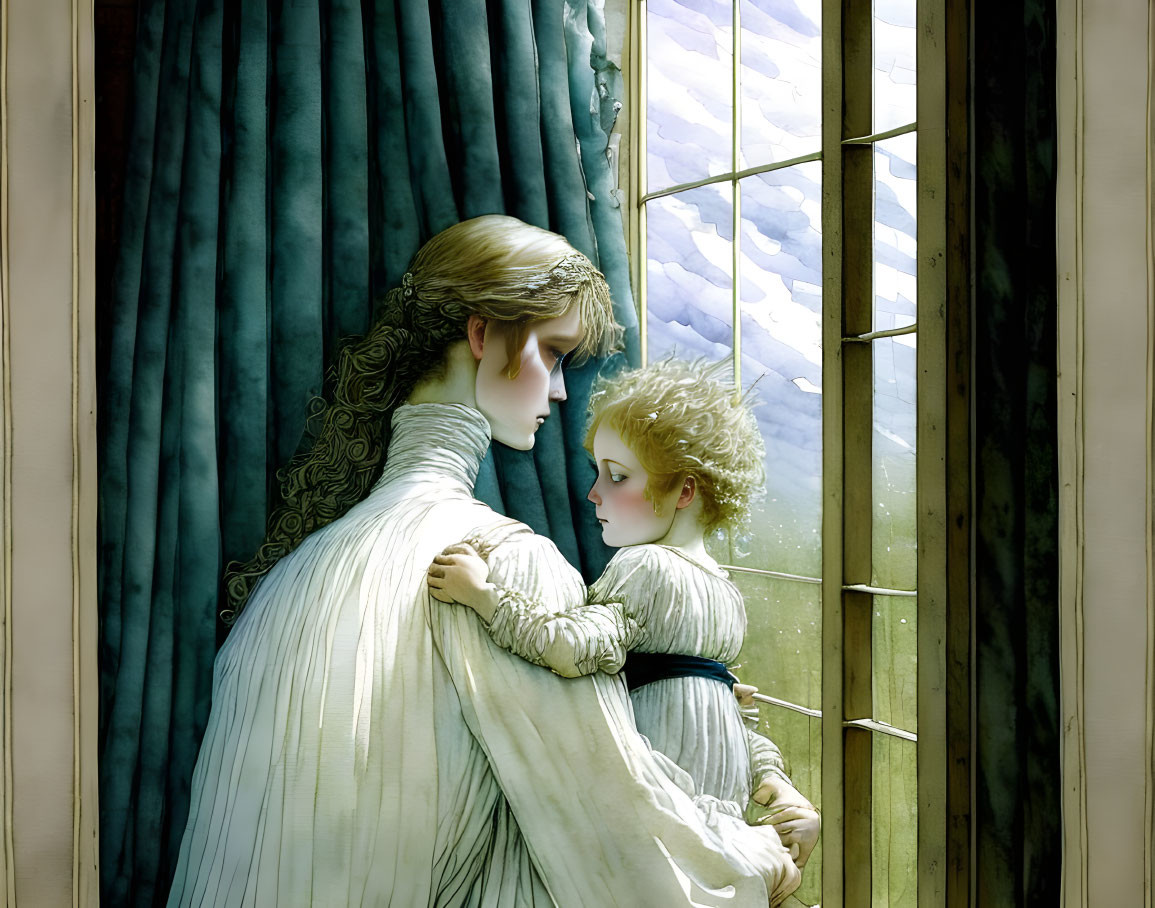 Woman in white dress holding child by window with blue curtains, cloudy sky.