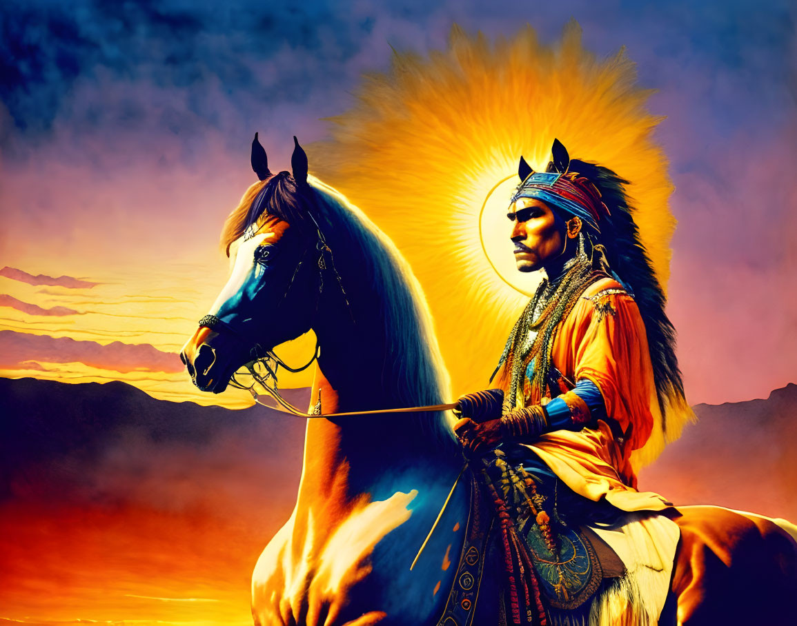 Native American chief on horseback at sunset with halo effect