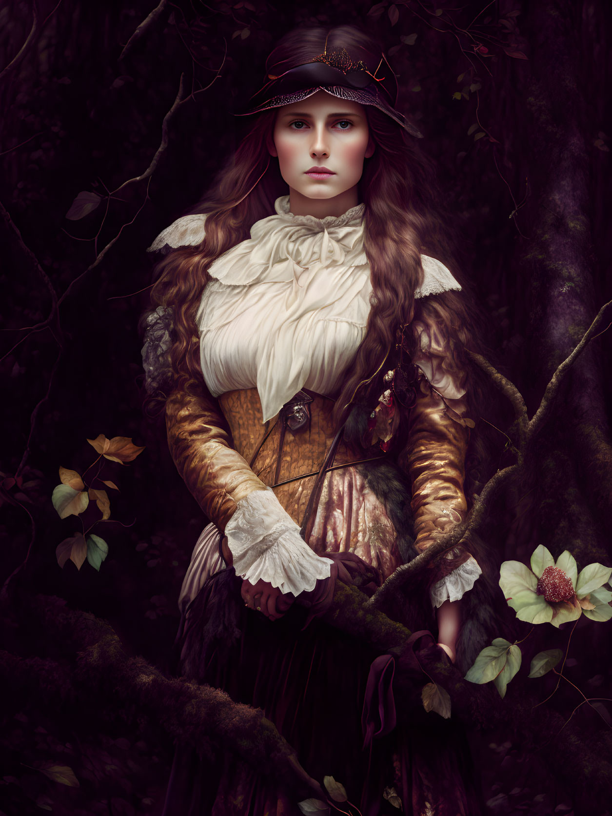 Woman in period clothing in dark enchanted forest with intricate dress details