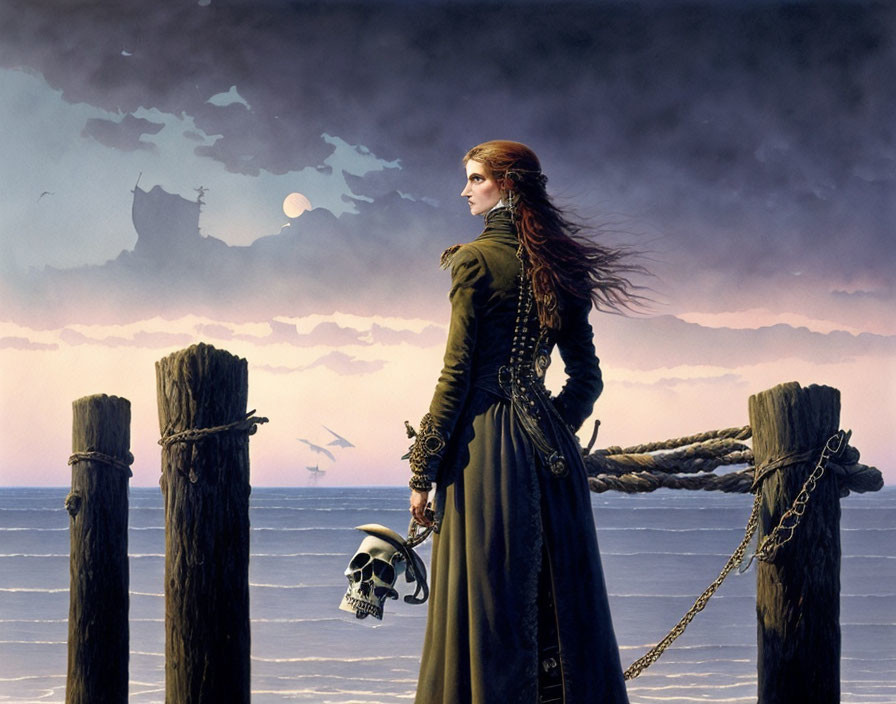 Woman in black dress holding skull on dock under twilight sky, with ghostly ship and full moon.