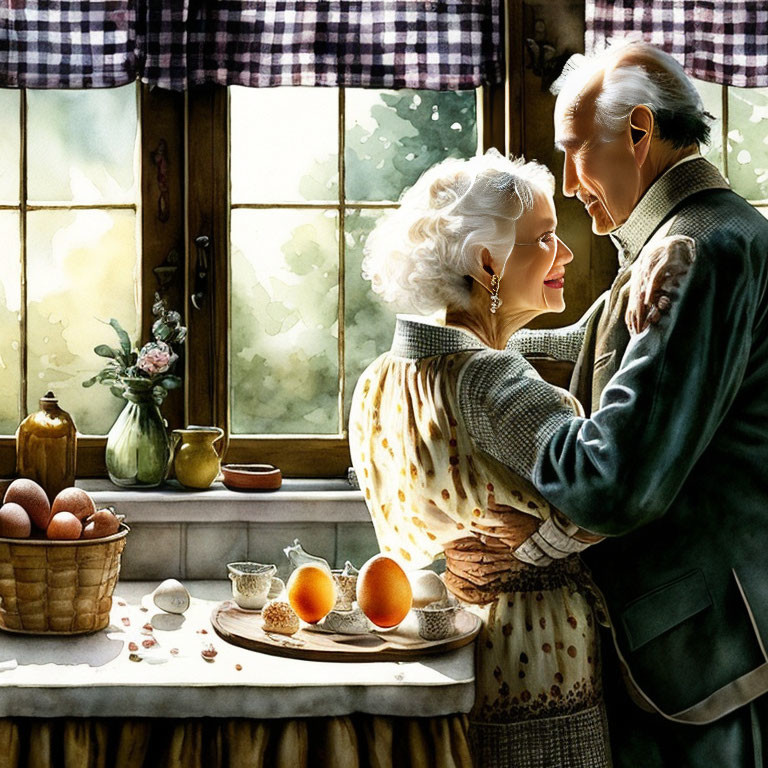 Elderly couple embracing in cozy kitchen with fresh produce