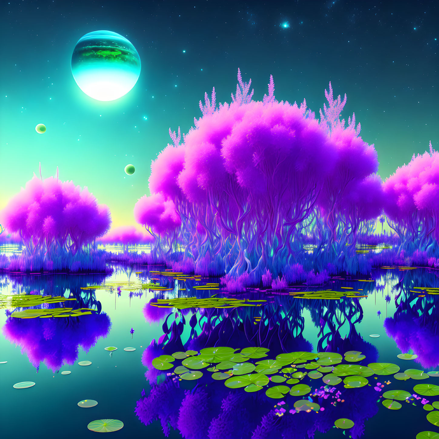 Alien landscape with purple foliage, luminescent water lilies, and multiple moons.