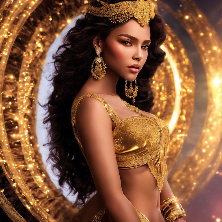 Dark-haired woman in golden crown and jewelry on glowing halo background