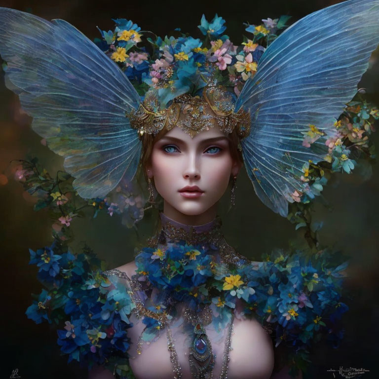 Mythical Female Creature with Blue Butterfly Wings and Floral Adornments