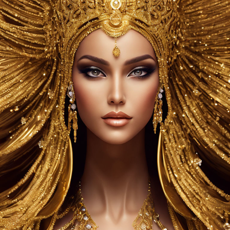 Regal Figure with Golden Headdress and Striking Makeup