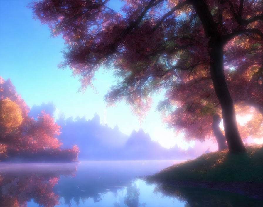 Tranquil pink cherry blossom trees by calm lake at sunrise