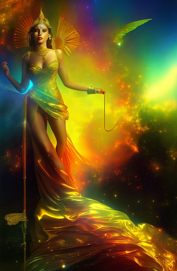 Mythological goddess in golden attire against cosmic backdrop