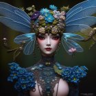 Mythical Female Creature with Blue Butterfly Wings and Floral Adornments