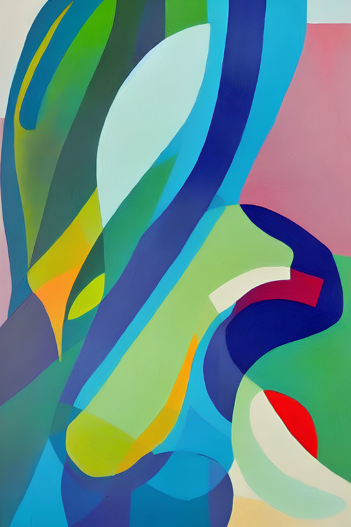 Vibrant Abstract Painting with Flowing Curved Shapes in Blues, Greens, Yellows,