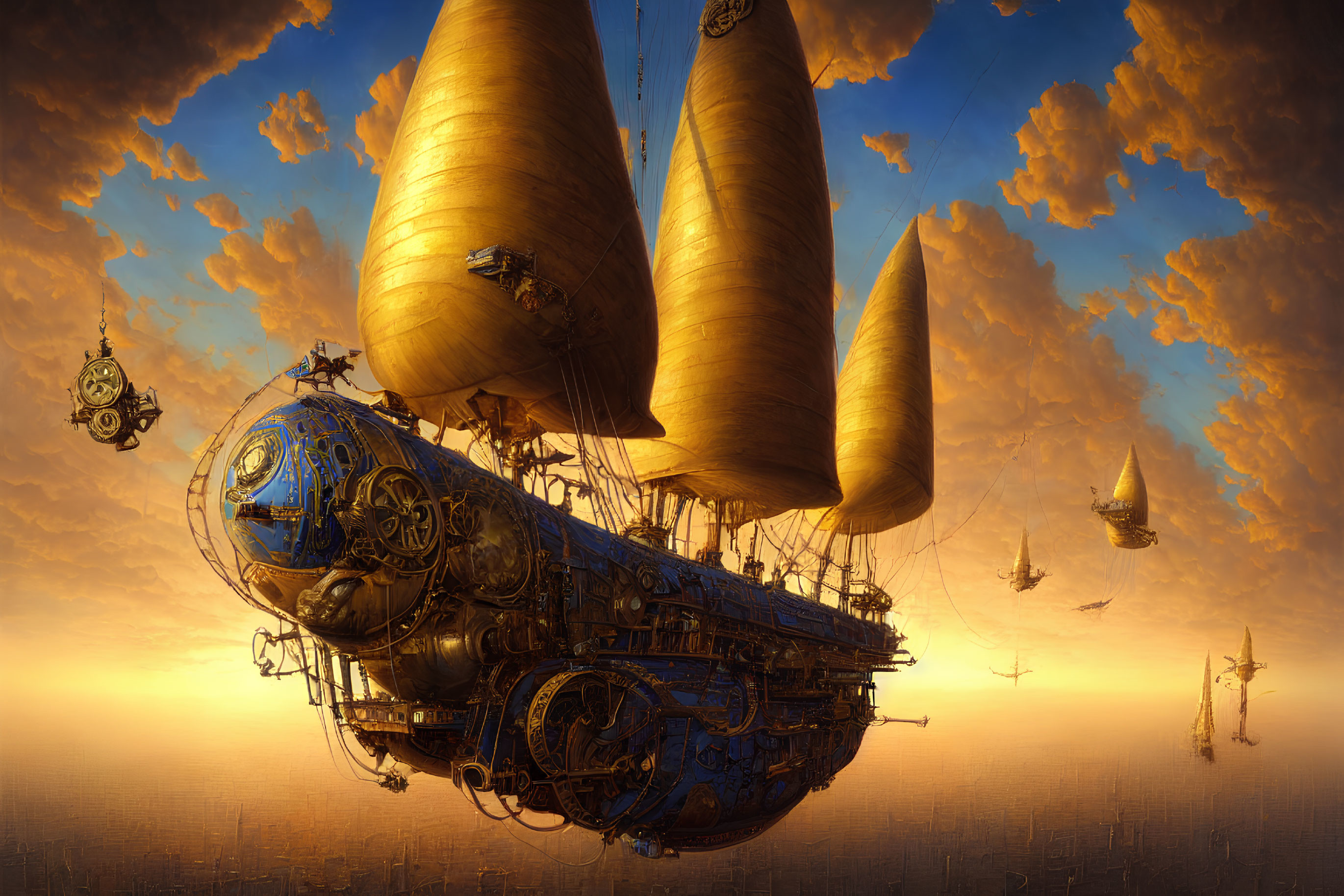 Steampunk airship with golden sails in dreamlike sunset sky