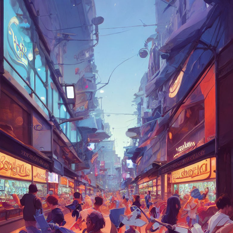 Vibrant futuristic marketplace with neon signs and crowded streets