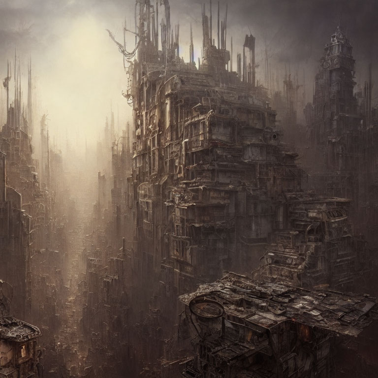 Dystopian cityscape with towering, decrepit structures in foggy, desolate environment