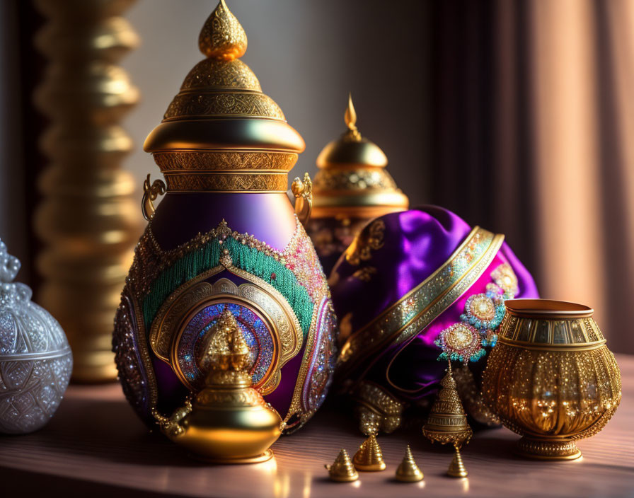 Traditional Indian Decor: Golden & Purple Urn, Embellished Pots, Intricate Metalwork