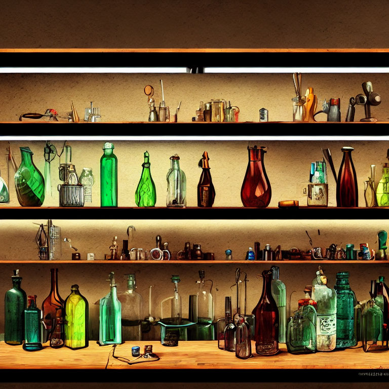 Assorted colorful glass bottles on wooden shelves