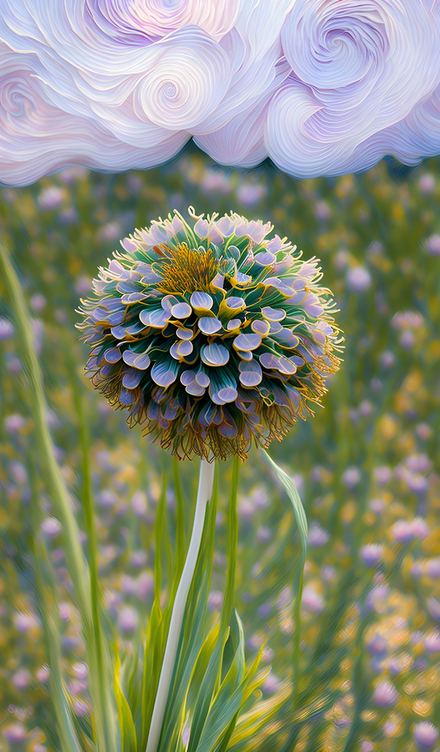 Spherical flower illustration with layered petals on pastel background