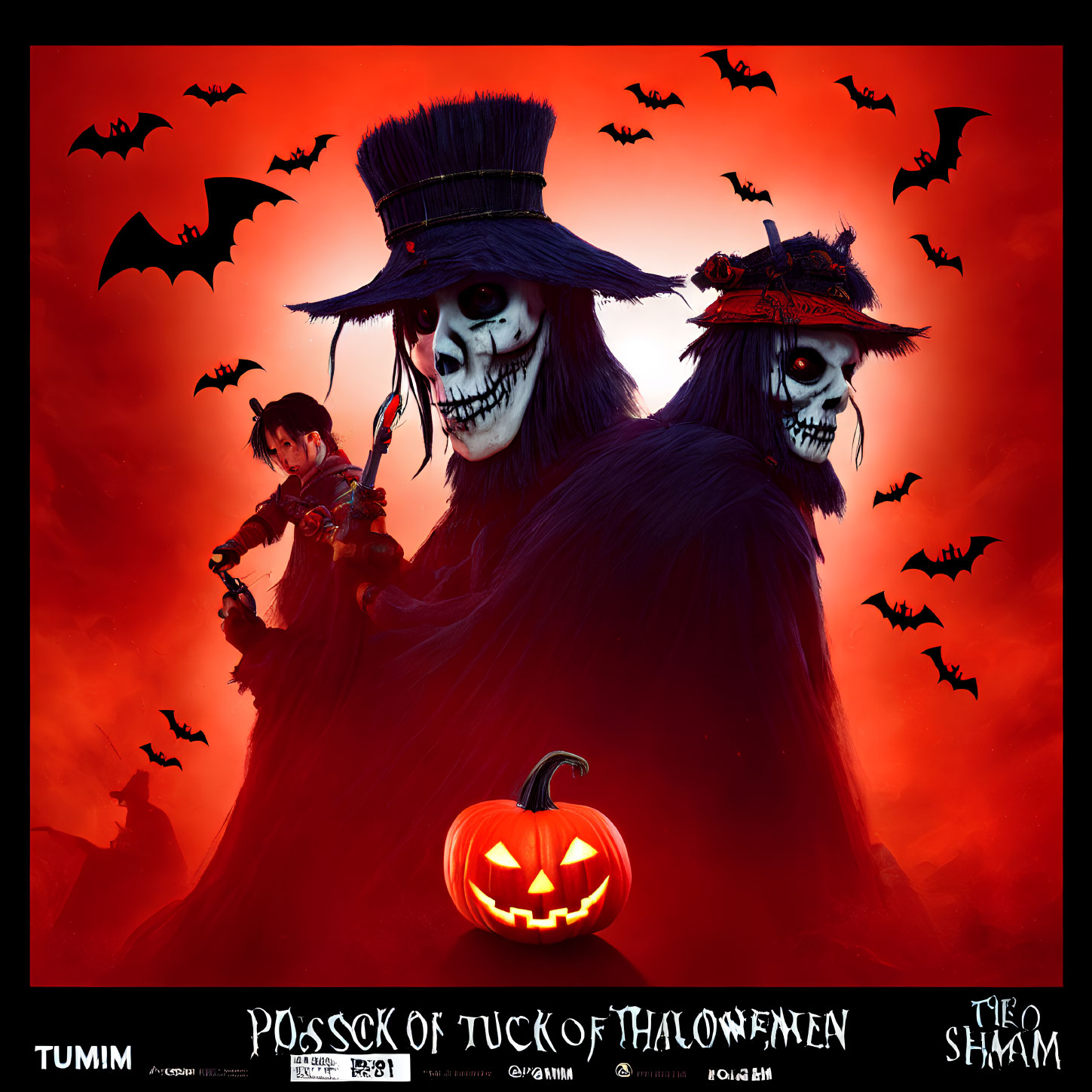 Spooky Halloween-themed image with grinning skeletal figures, jack-o'-lantern, bats, and