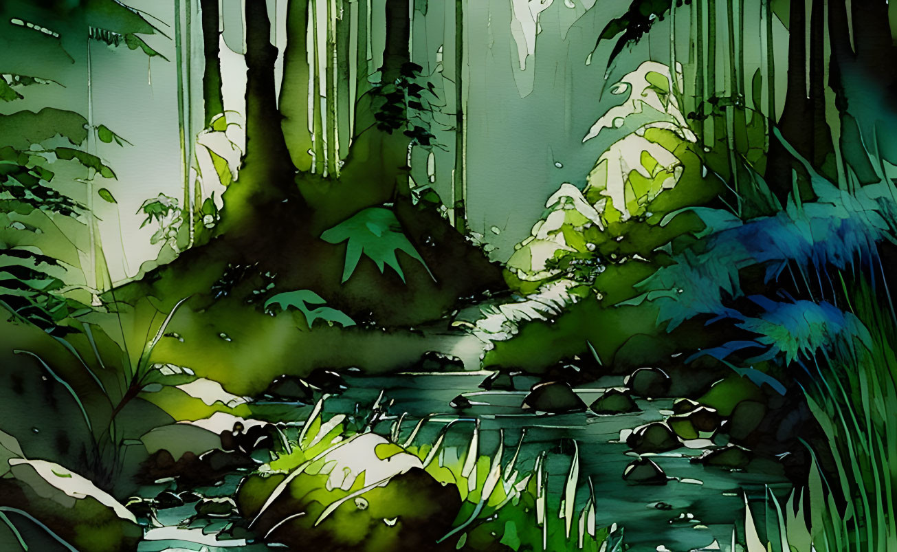 Serene forest watercolor with stream and sunbeams