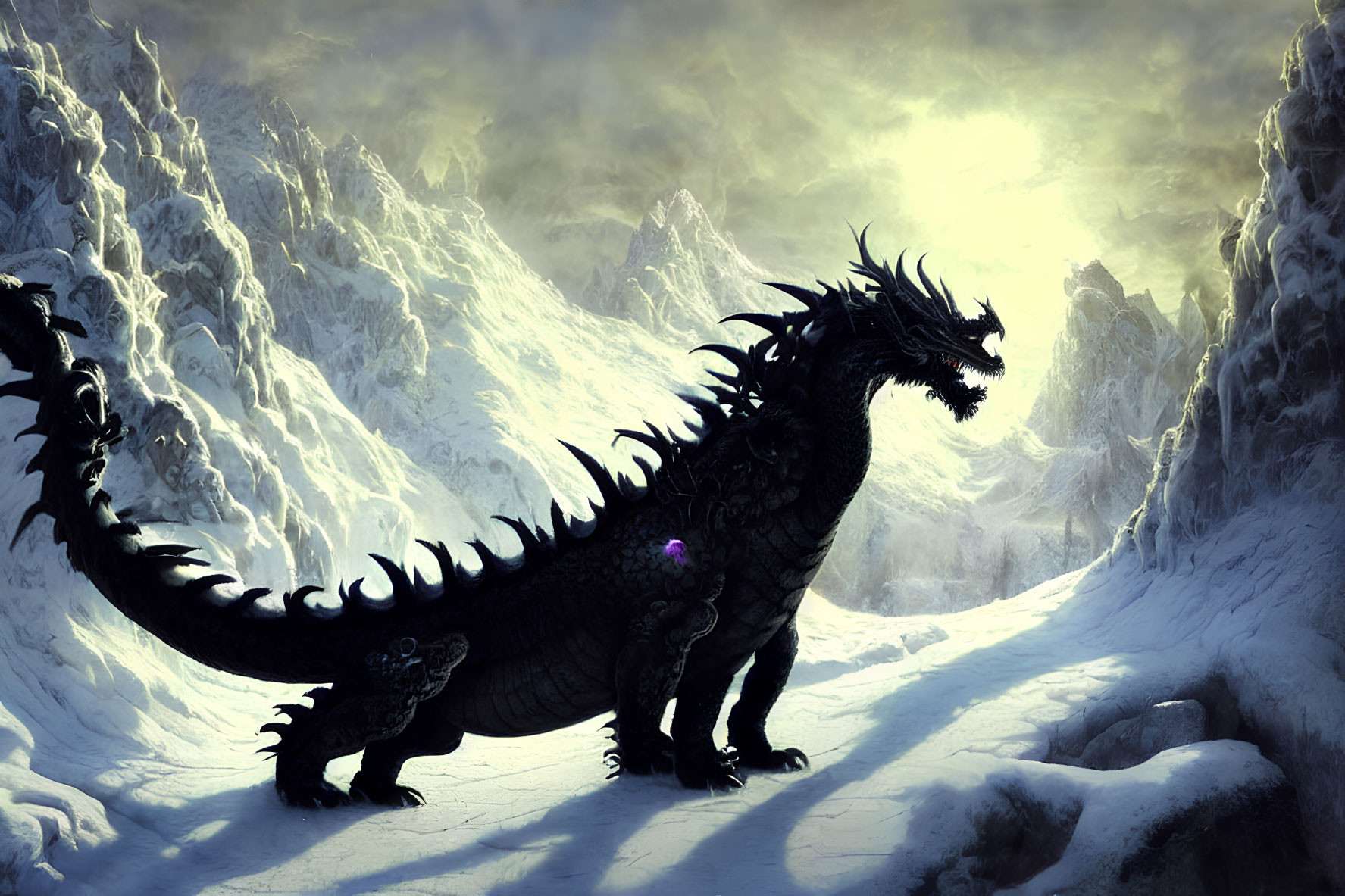 Majestic black dragon with glowing orb in snowy mountain landscape