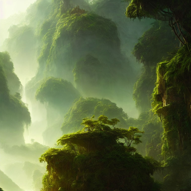 Verdant Foliage and Limestone Cliffs in Mystical Jungle