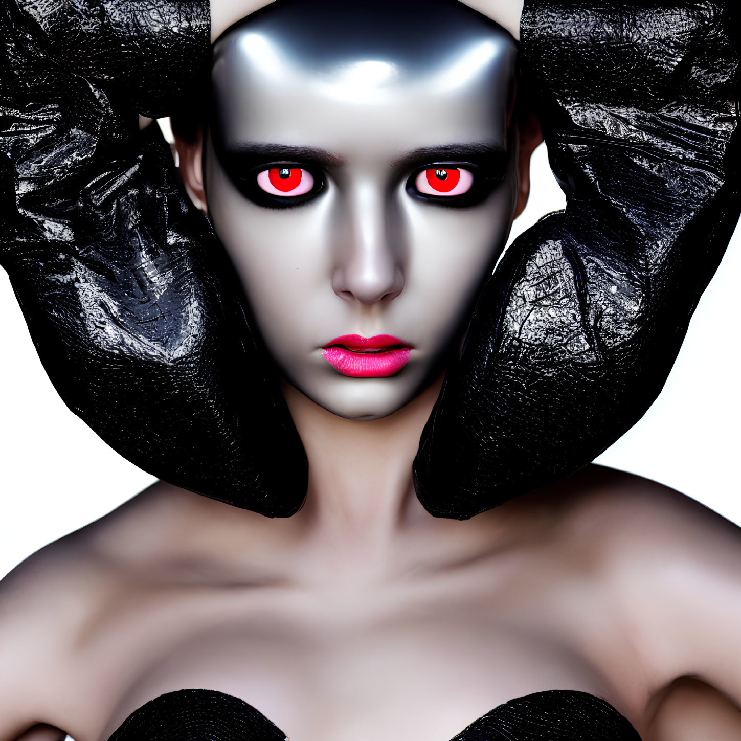 Artistic makeup: silver face, black glossy elements, red eyes, pink lips on white background