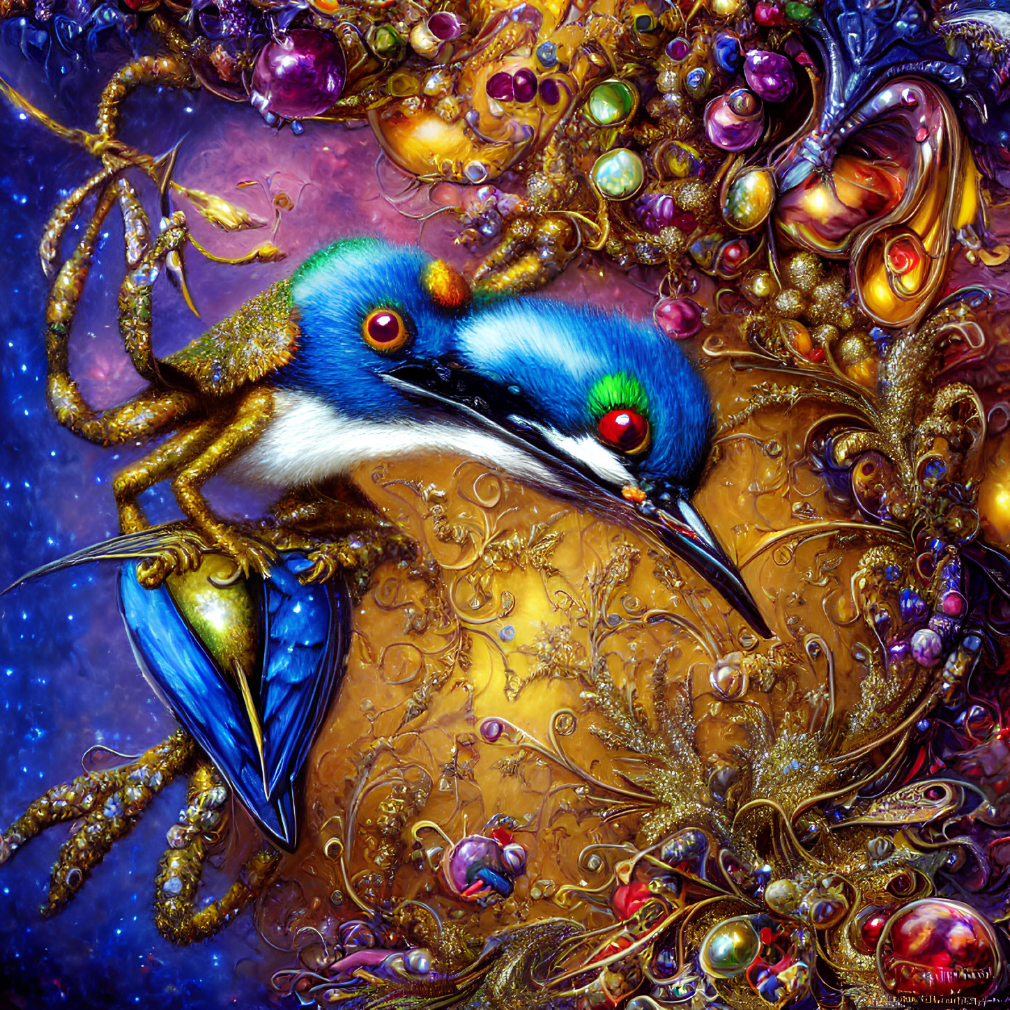 Colorful artwork of ornate bird with gem-like eyes in intricate golden setting