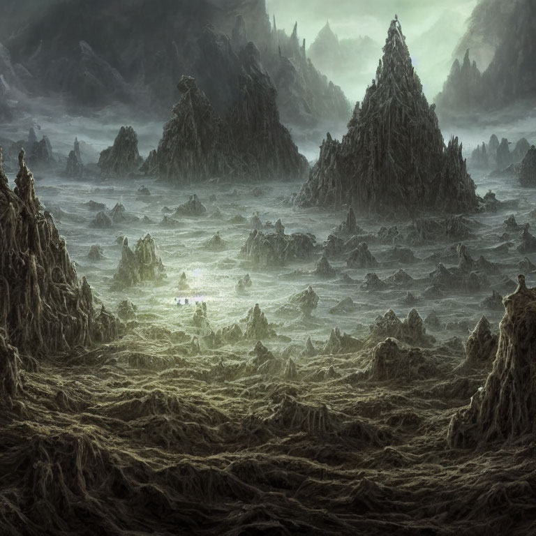 Mysterious mist-covered mountains in desolate landscape